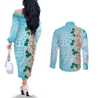 Cook Islands Tiare Maori With Conch Shell Couples Matching Off The Shoulder Long Sleeve Dress and Long Sleeve Button Shirt Pasifika Fest Polynesian Tattoo Turquoise LT14 - Polynesian Pride