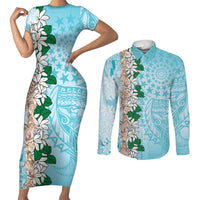 Cook Islands Tiare Maori With Conch Shell Couples Matching Short Sleeve Bodycon Dress and Long Sleeve Button Shirt Pasifika Fest Polynesian Tattoo Turquoise LT14 Turquoise - Polynesian Pride