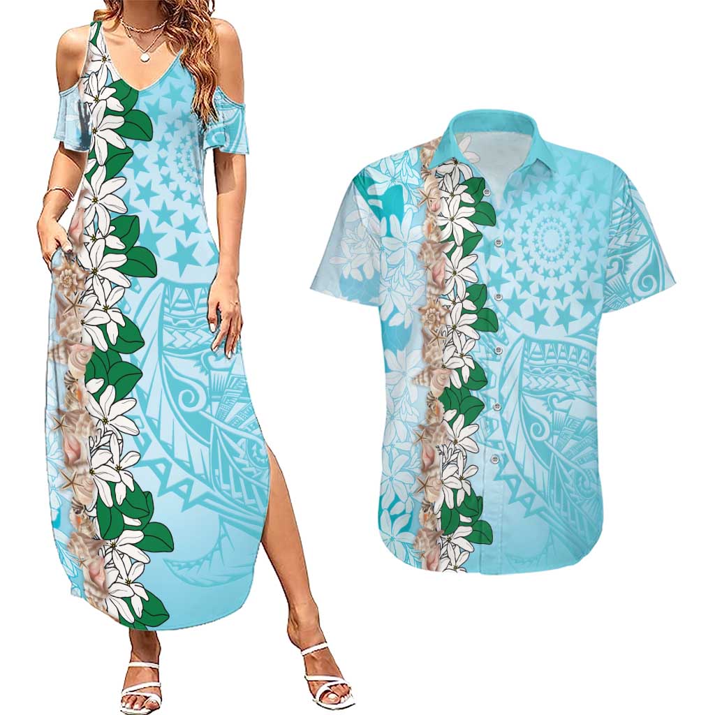 Cook Islands Tiare Maori With Conch Shell Couples Matching Summer Maxi Dress and Hawaiian Shirt Pasifika Fest Polynesian Tattoo Turquoise