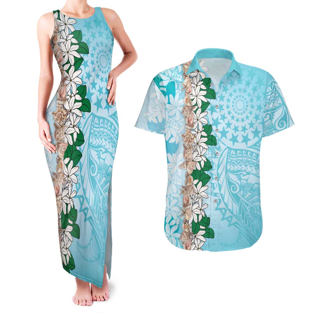 Cook Islands Tiare Maori With Conch Shell Couples Matching Tank Maxi Dress and Hawaiian Shirt Pasifika Fest Polynesian Tattoo Turquoise