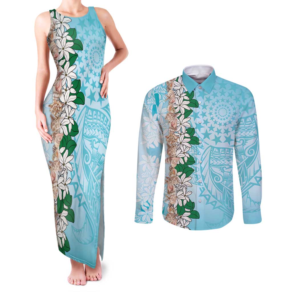 Cook Islands Tiare Maori With Conch Shell Couples Matching Tank Maxi Dress and Long Sleeve Button Shirt Pasifika Fest Polynesian Tattoo Turquoise