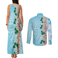 Cook Islands Tiare Maori With Conch Shell Couples Matching Tank Maxi Dress and Long Sleeve Button Shirt Pasifika Fest Polynesian Tattoo Turquoise