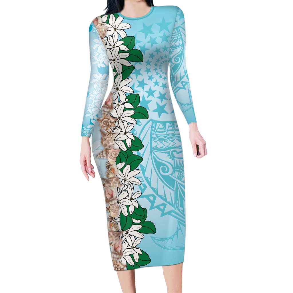 Cook Islands Tiare Maori With Conch Shell Family Matching Long Sleeve Bodycon Dress and Hawaiian Shirt Pasifika Fest Polynesian Tattoo Turquoise LT14 Mom's Dress Turquoise - Polynesian Pride