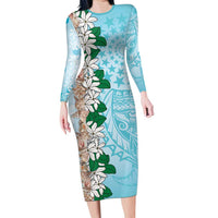 Cook Islands Tiare Maori With Conch Shell Family Matching Long Sleeve Bodycon Dress and Hawaiian Shirt Pasifika Fest Polynesian Tattoo Turquoise LT14 Mom's Dress Turquoise - Polynesian Pride