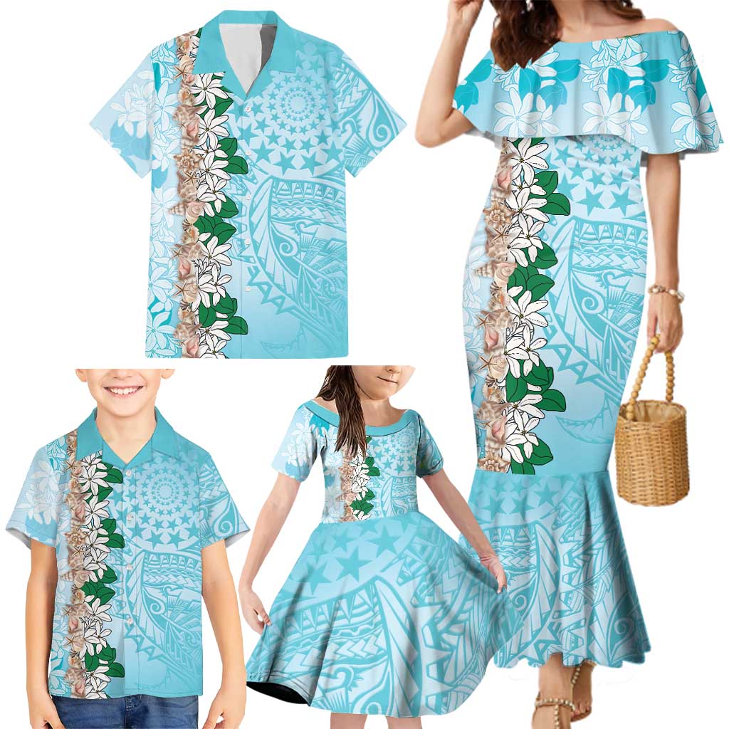 Cook Islands Tiare Maori With Conch Shell Family Matching Mermaid Dress and Hawaiian Shirt Pasifika Fest Polynesian Tattoo Turquoise