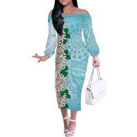 Cook Islands Tiare Maori With Conch Shell Family Matching Off The Shoulder Long Sleeve Dress and Hawaiian Shirt Pasifika Fest Polynesian Tattoo Turquoise LT14 Mom's Dress Turquoise - Polynesian Pride
