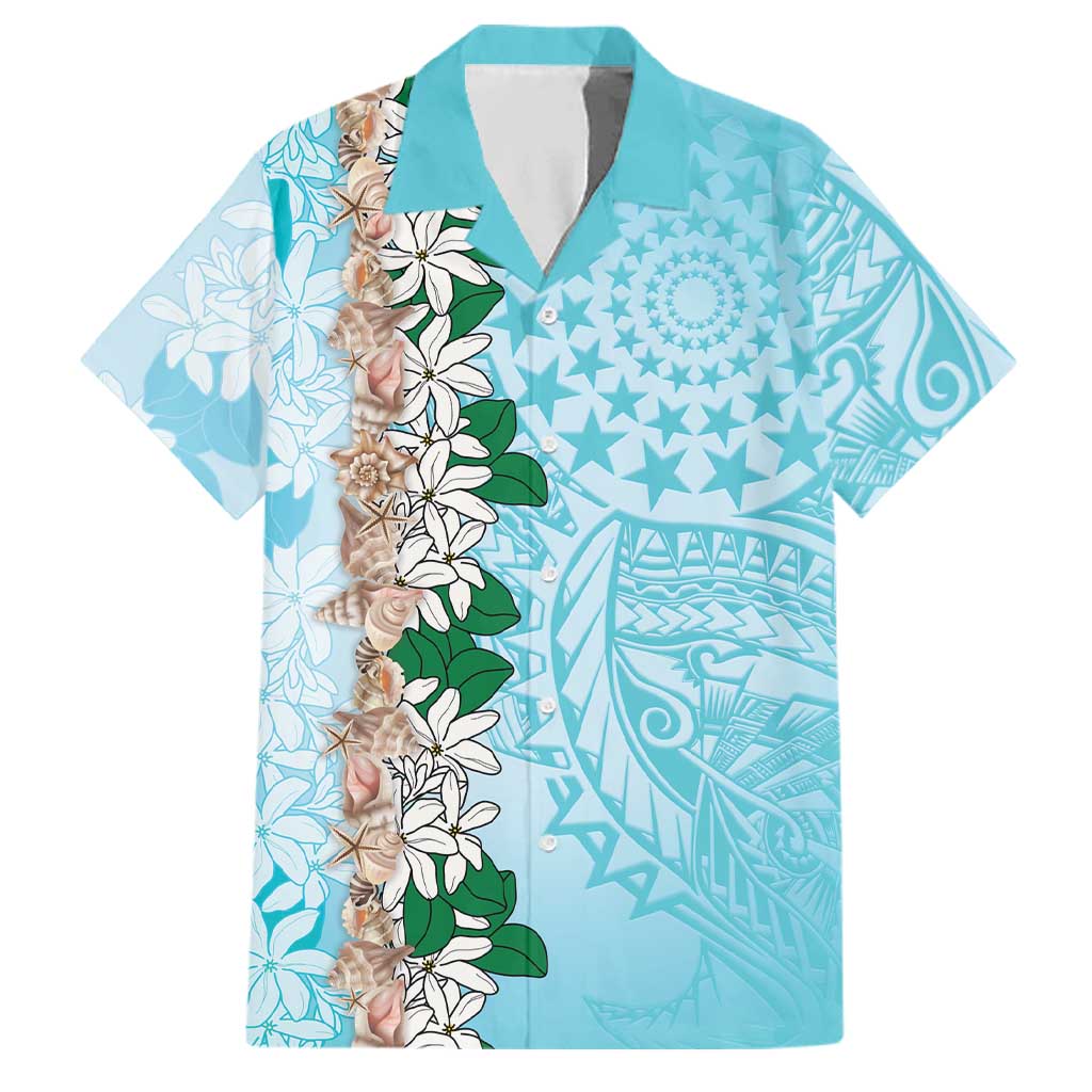 Cook Islands Tiare Maori With Conch Shell Family Matching Off Shoulder Maxi Dress and Hawaiian Shirt Pasifika Fest Polynesian Tattoo Turquoise LT14 Dad's Shirt - Short Sleeve Turquoise - Polynesian Pride