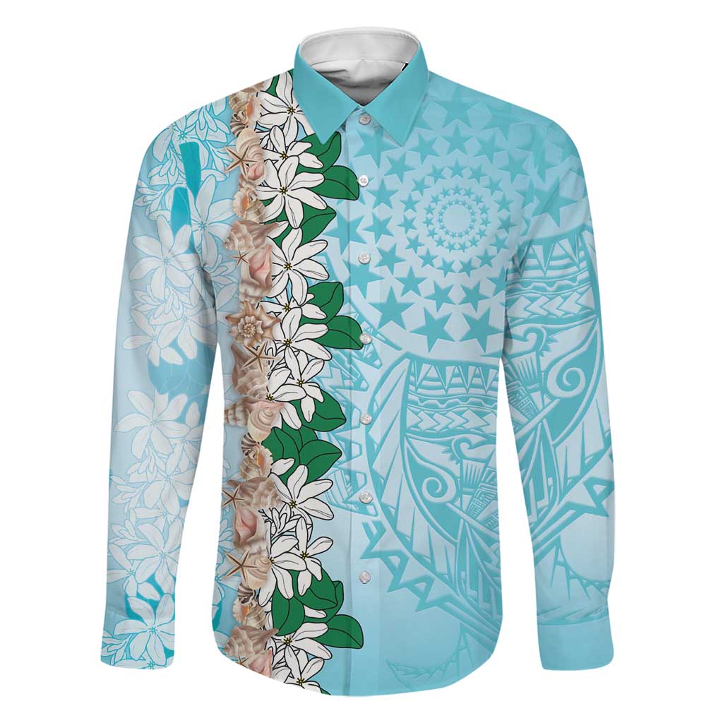 Cook Islands Tiare Maori With Conch Shell Family Matching Off Shoulder Maxi Dress and Hawaiian Shirt Pasifika Fest Polynesian Tattoo Turquoise LT14 Dad's Shirt - Long Sleeve Turquoise - Polynesian Pride