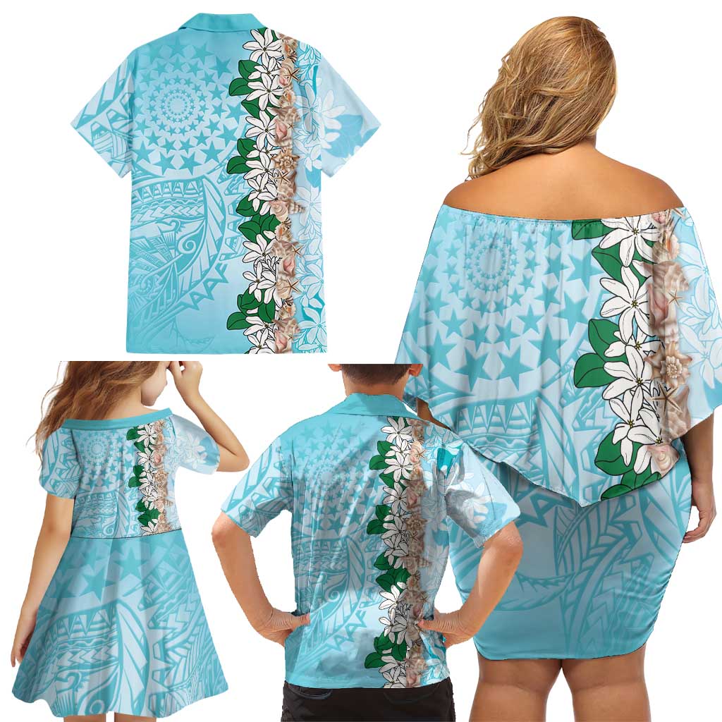 Cook Islands Tiare Maori With Conch Shell Family Matching Off Shoulder Short Dress and Hawaiian Shirt Pasifika Fest Polynesian Tattoo Turquoise LT14 - Polynesian Pride