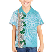 Cook Islands Tiare Maori With Conch Shell Family Matching Off Shoulder Short Dress and Hawaiian Shirt Pasifika Fest Polynesian Tattoo Turquoise LT14 Son's Shirt Turquoise - Polynesian Pride