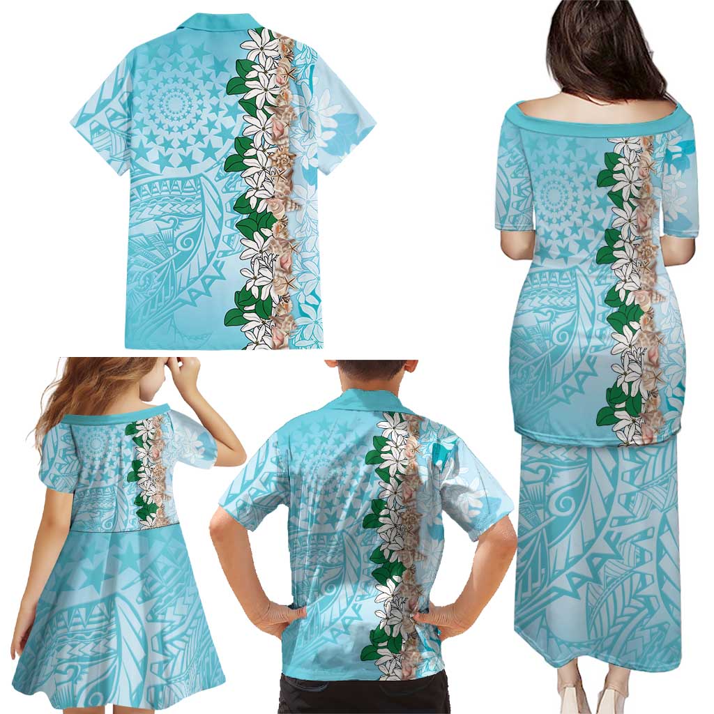 Cook Islands Tiare Maori With Conch Shell Family Matching Puletasi and Hawaiian Shirt Pasifika Fest Polynesian Tattoo Turquoise LT14 - Polynesian Pride