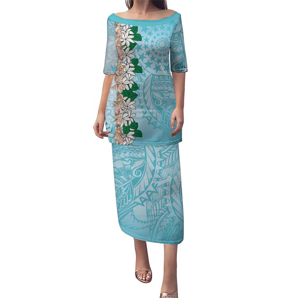 Cook Islands Tiare Maori With Conch Shell Family Matching Puletasi and Hawaiian Shirt Pasifika Fest Polynesian Tattoo Turquoise LT14 Mom's Dress Turquoise - Polynesian Pride