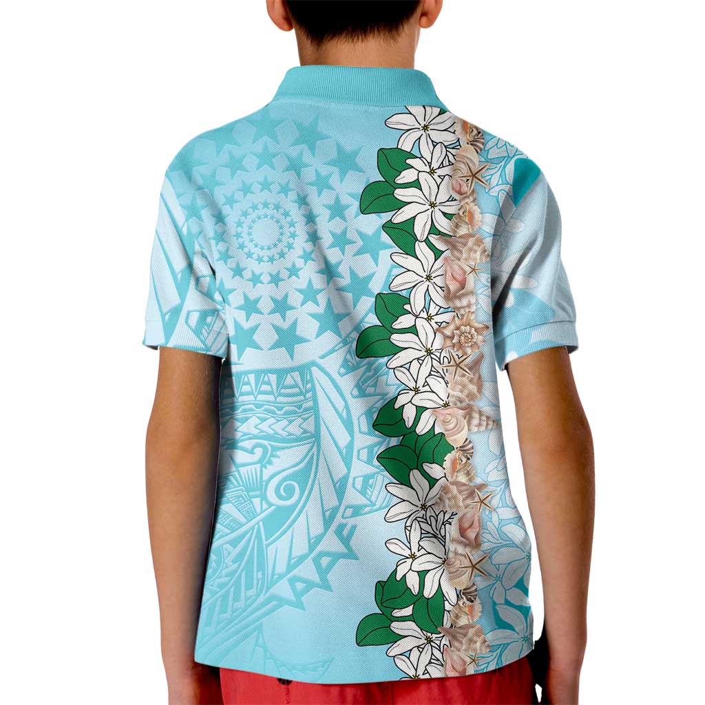 Cook Islands Tiare Maori With Conch Shell Kid Polo Shirt Pasifika Fest Polynesian Tattoo Turquoise