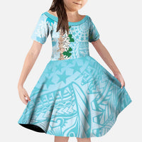 Cook Islands Tiare Maori With Conch Shell Kid Short Sleeve Dress Pasifika Fest Polynesian Tattoo Turquoise