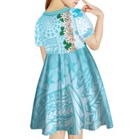 Cook Islands Tiare Maori With Conch Shell Kid Short Sleeve Dress Pasifika Fest Polynesian Tattoo Turquoise