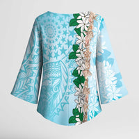 Cook Islands Tiare Maori With Conch Shell Kimono Sleeve Blouse Pasifika Fest Polynesian Tattoo Turquoise