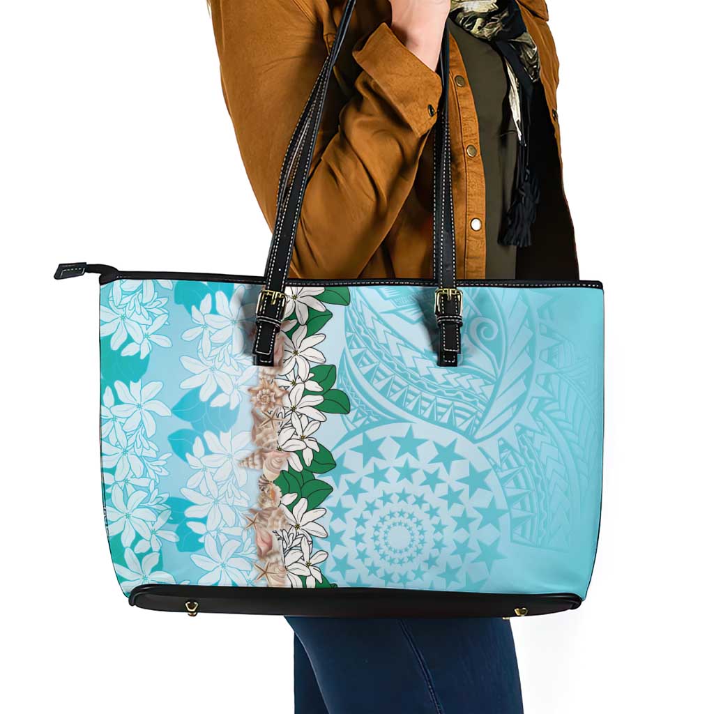 Cook Islands Tiare Maori With Conch Shell Leather Tote Bag Pasifika Fest Polynesian Tattoo Turquoise