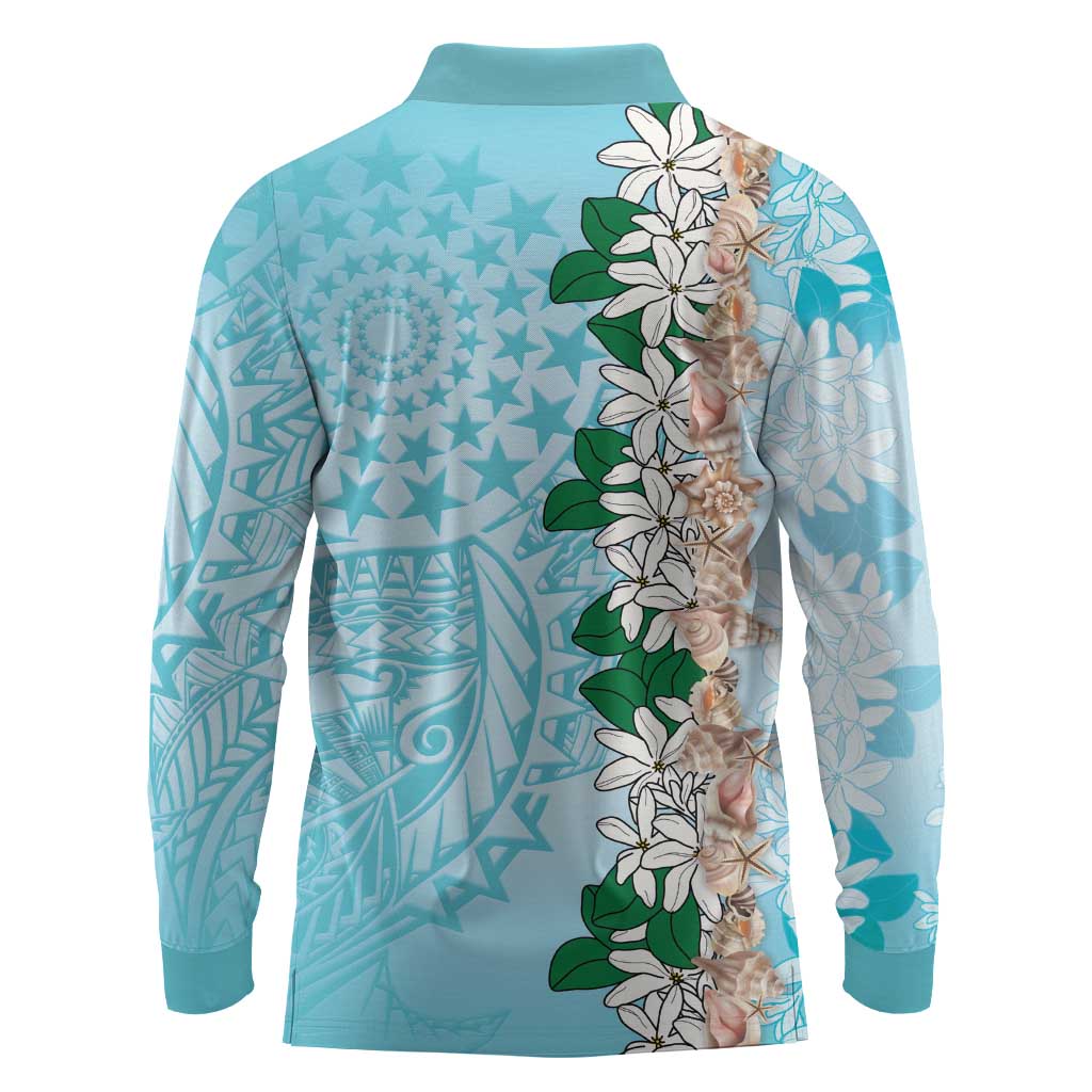 Cook Islands Tiare Maori With Conch Shell Long Sleeve Polo Shirt Pasifika Fest Polynesian Tattoo Turquoise