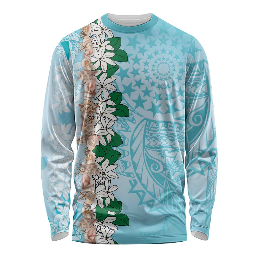 Cook Islands Tiare Maori With Conch Shell Long Sleeve Shirt Pasifika Fest Polynesian Tattoo Turquoise