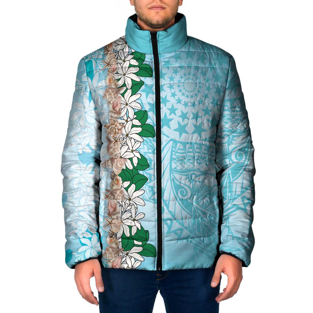 Cook Islands Tiare Maori With Conch Shell Padded Jacket Pasifika Fest Polynesian Tattoo Turquoise