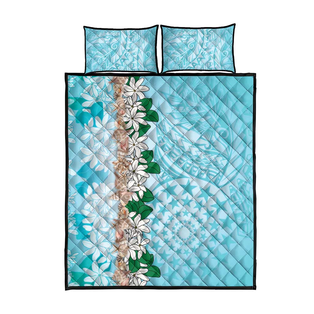 Cook Islands Tiare Maori With Conch Shell Quilt Bed Set Pasifika Fest Polynesian Tattoo Turquoise