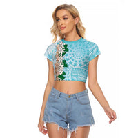 Cook Islands Tiare Maori With Conch Shell Raglan Cropped T Shirt Pasifika Fest Polynesian Tattoo Turquoise