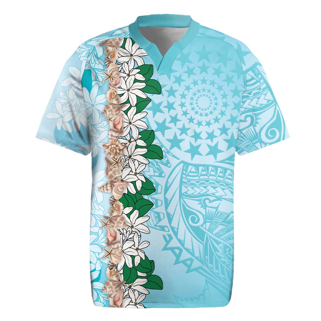 Cook Islands Tiare Maori With Conch Shell Rugby Jersey Pasifika Fest Polynesian Tattoo Turquoise