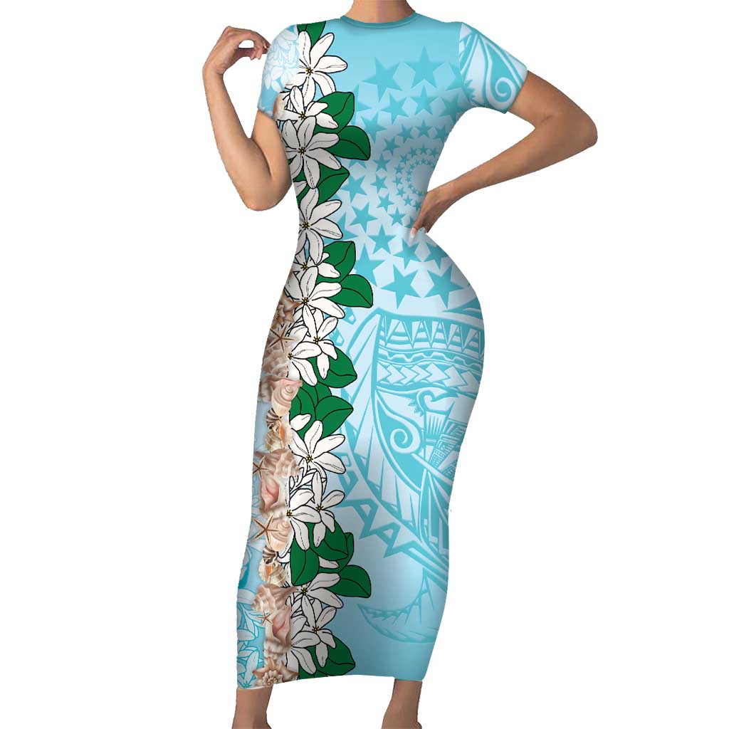 Cook Islands Tiare Maori With Conch Shell Short Sleeve Bodycon Dress Pasifika Fest Polynesian Tattoo Turquoise