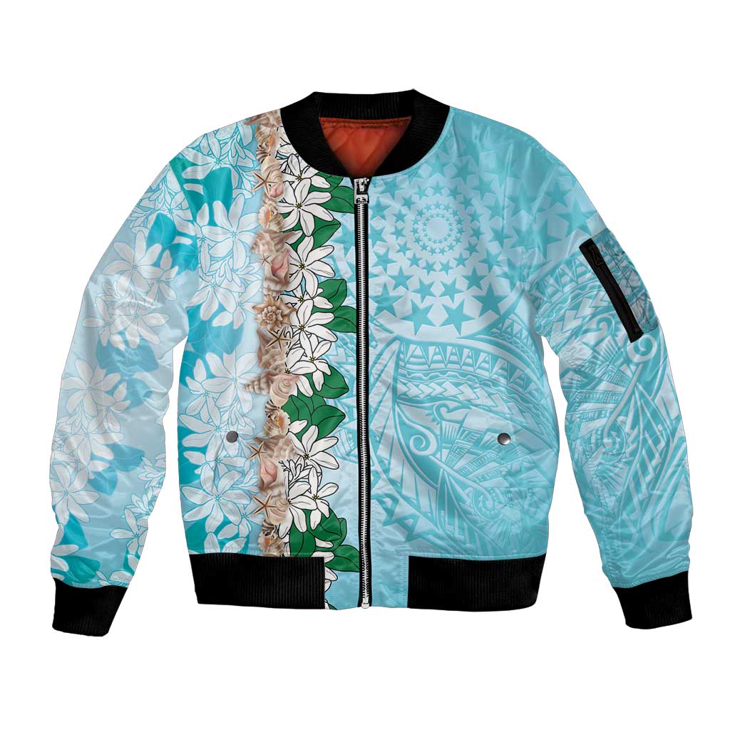 Cook Islands Tiare Maori With Conch Shell Sleeve Zip Bomber Jacket Pasifika Fest Polynesian Tattoo Turquoise