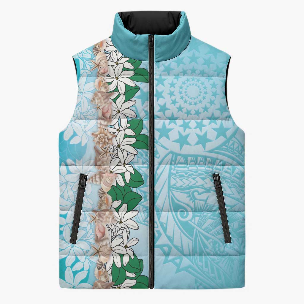 Cook Islands Tiare Maori With Conch Shell Sleeveless Puffer Jacket Pasifika Fest Polynesian Tattoo Turquoise