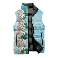 Cook Islands Tiare Maori With Conch Shell Sleeveless Puffer Jacket Pasifika Fest Polynesian Tattoo Turquoise