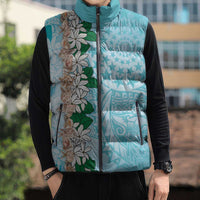Cook Islands Tiare Maori With Conch Shell Sleeveless Puffer Jacket Pasifika Fest Polynesian Tattoo Turquoise