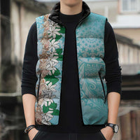 Cook Islands Tiare Maori With Conch Shell Sleeveless Puffer Jacket Pasifika Fest Polynesian Tattoo Turquoise