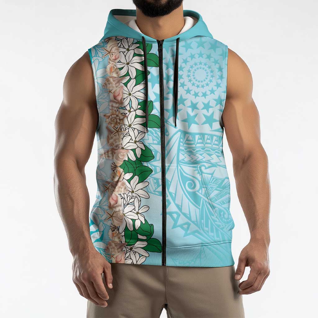 Cook Islands Tiare Maori With Conch Shell Sleeveless Zip Hoodie Pasifika Fest Polynesian Tattoo Turquoise