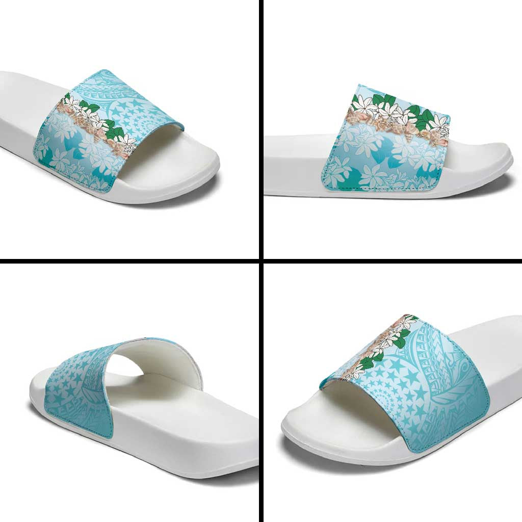 Cook Islands Tiare Maori With Conch Shell Slide Sandals Pasifika Fest Polynesian Tattoo Turquoise