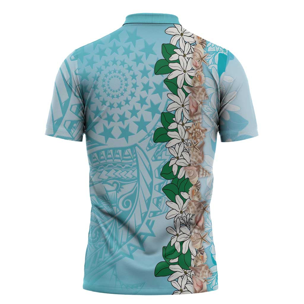 Cook Islands Tiare Maori With Conch Shell Zipper Polo Shirt Pasifika Fest Polynesian Tattoo Turquoise