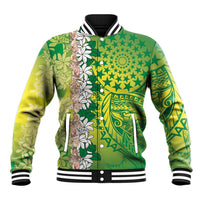 Cook Islands Tiare Maori With Conch Shell Baseball Jacket Pasifika Fest Polynesian Tattoo Green
