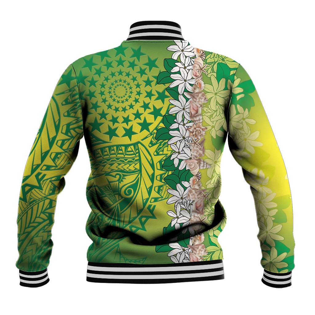 Cook Islands Tiare Maori With Conch Shell Baseball Jacket Pasifika Fest Polynesian Tattoo Green
