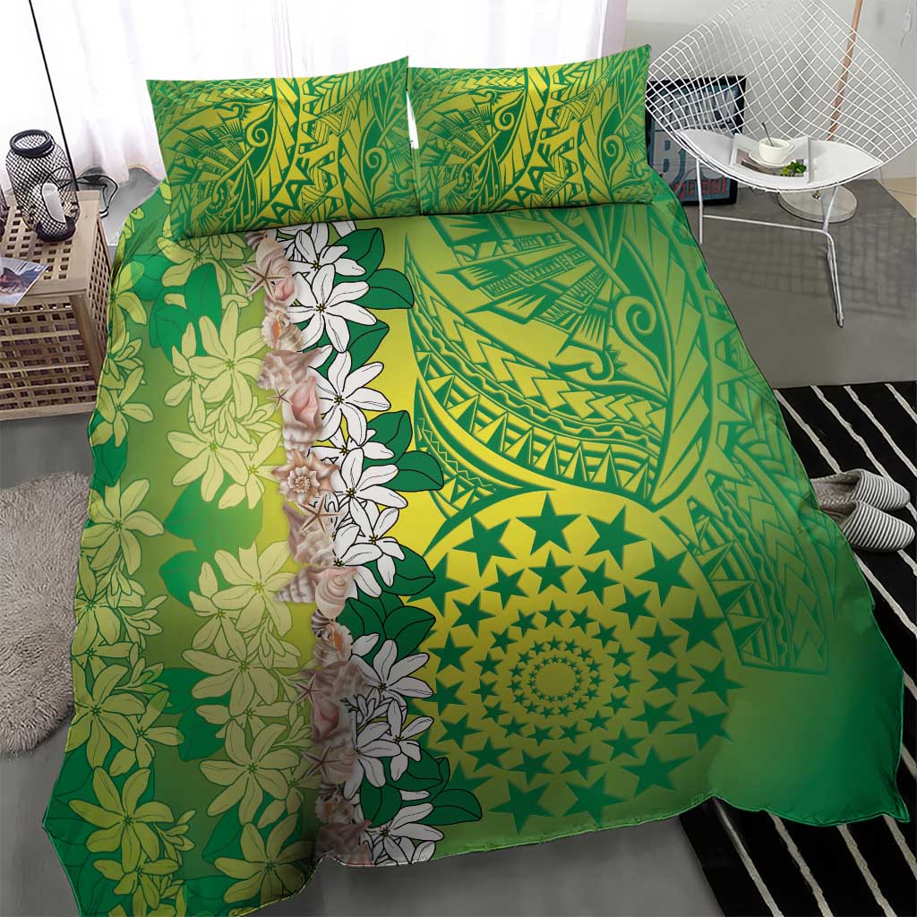 Cook Islands Tiare Maori With Conch Shell Bedding Set Pasifika Fest Polynesian Tattoo Green