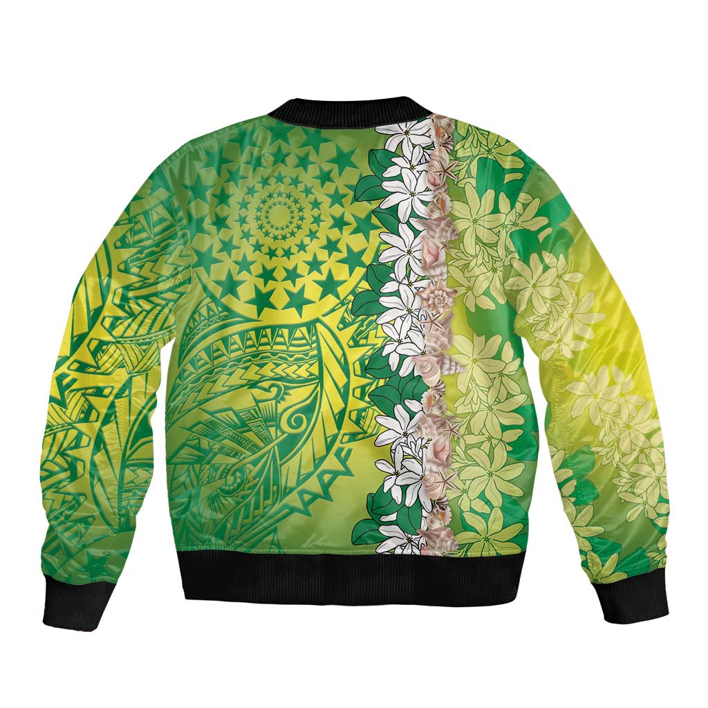 Cook Islands Tiare Maori With Conch Shell Bomber Jacket Pasifika Fest Polynesian Tattoo Green