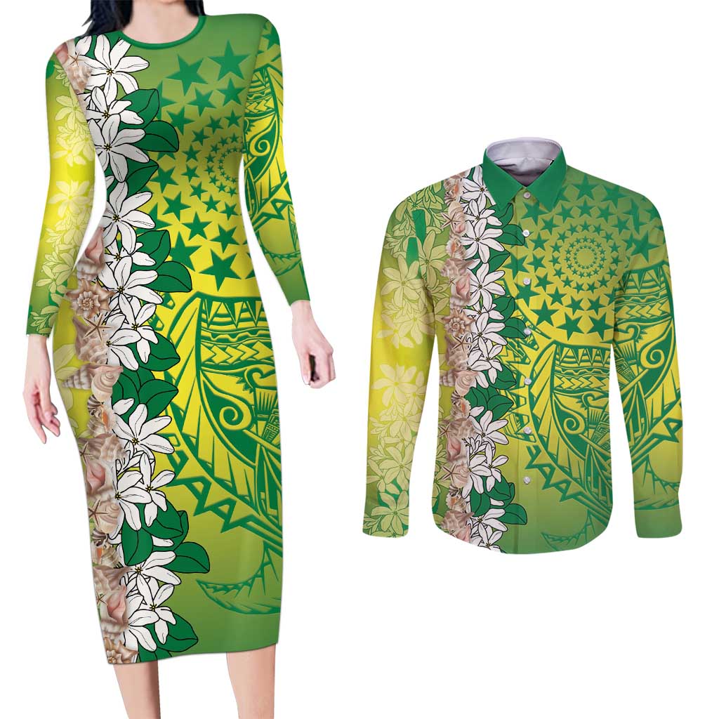 Cook Islands Tiare Maori With Conch Shell Couples Matching Long Sleeve Bodycon Dress and Long Sleeve Button Shirt Pasifika Fest Polynesian Tattoo Green LT14 Green - Polynesian Pride