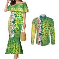 Cook Islands Tiare Maori With Conch Shell Couples Matching Mermaid Dress and Long Sleeve Button Shirt Pasifika Fest Polynesian Tattoo Green LT14 Green - Polynesian Pride