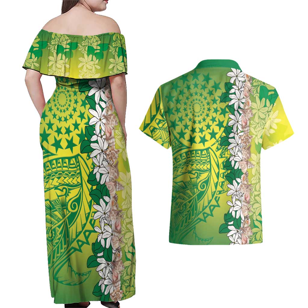 Cook Islands Tiare Maori With Conch Shell Couples Matching Off Shoulder Maxi Dress and Hawaiian Shirt Pasifika Fest Polynesian Tattoo Green LT14 - Polynesian Pride
