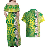 Cook Islands Tiare Maori With Conch Shell Couples Matching Off Shoulder Maxi Dress and Hawaiian Shirt Pasifika Fest Polynesian Tattoo Green LT14 - Polynesian Pride