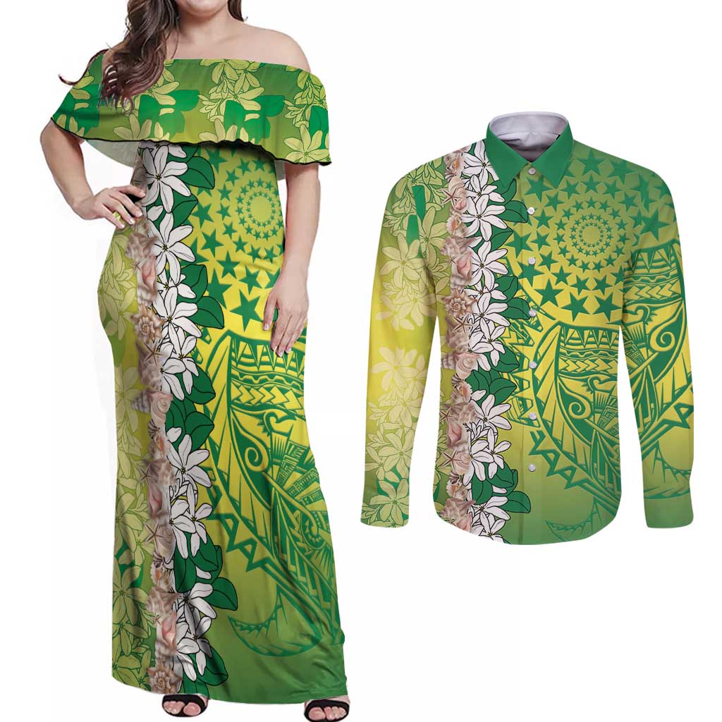 Cook Islands Tiare Maori With Conch Shell Couples Matching Off Shoulder Maxi Dress and Long Sleeve Button Shirt Pasifika Fest Polynesian Tattoo Green