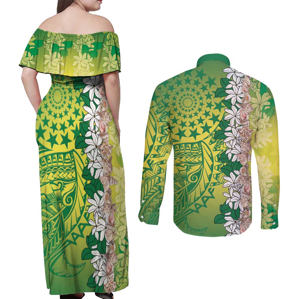 Cook Islands Tiare Maori With Conch Shell Couples Matching Off Shoulder Maxi Dress and Long Sleeve Button Shirt Pasifika Fest Polynesian Tattoo Green