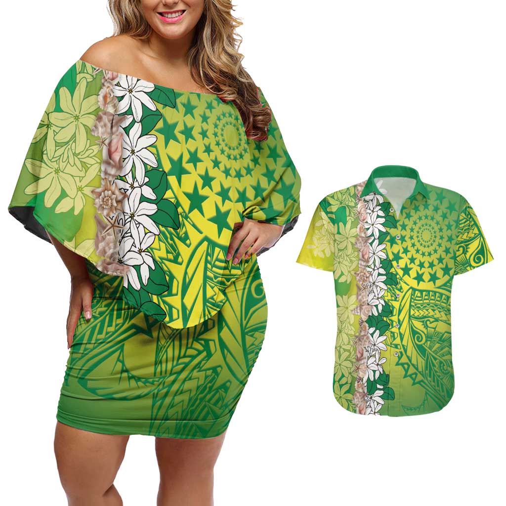 Cook Islands Tiare Maori With Conch Shell Couples Matching Off Shoulder Short Dress and Hawaiian Shirt Pasifika Fest Polynesian Tattoo Green LT14 Green - Polynesian Pride