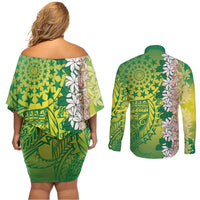 Cook Islands Tiare Maori With Conch Shell Couples Matching Off Shoulder Short Dress and Long Sleeve Button Shirt Pasifika Fest Polynesian Tattoo Green