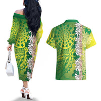 Cook Islands Tiare Maori With Conch Shell Couples Matching Off The Shoulder Long Sleeve Dress and Hawaiian Shirt Pasifika Fest Polynesian Tattoo Green LT14 - Polynesian Pride