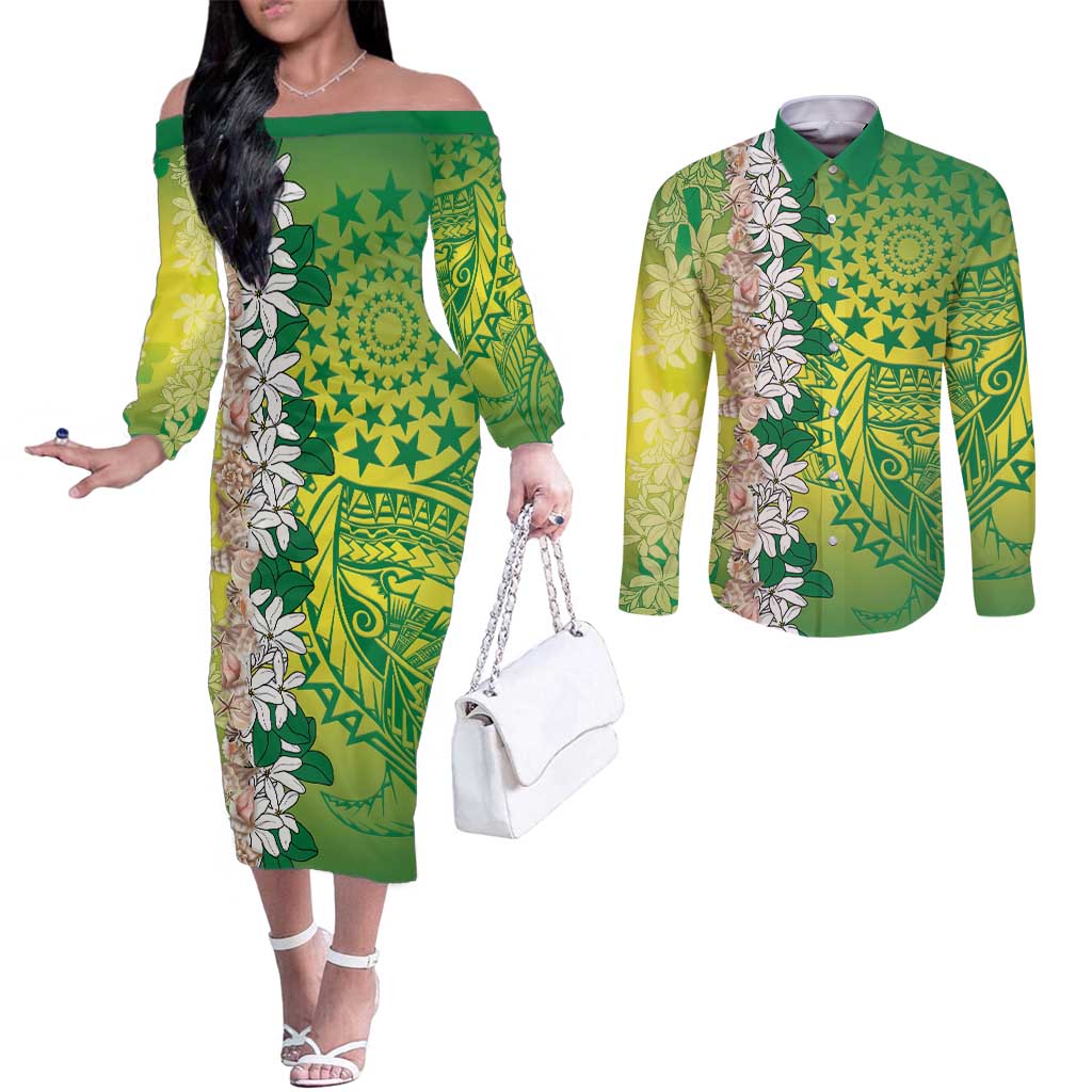 Cook Islands Tiare Maori With Conch Shell Couples Matching Off The Shoulder Long Sleeve Dress and Long Sleeve Button Shirt Pasifika Fest Polynesian Tattoo Green